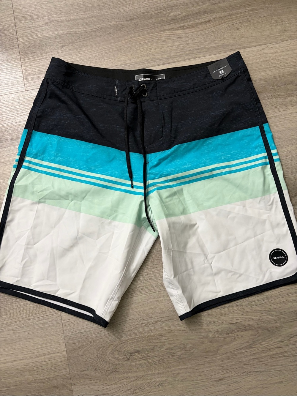 O'Neill Men's Black, Teal & Mint Stripe Swim Board Shorts
